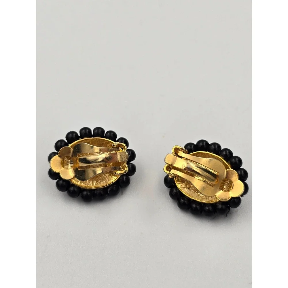 Vintage Black‎ Cabochon Gold Tone Clip On Earrings Beaded Oval Classic Style